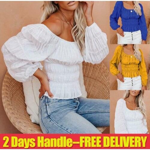 Women Long Puff Sleeve T Shirt Top Ladies Casual Slim Square Neck Pleated Shirt