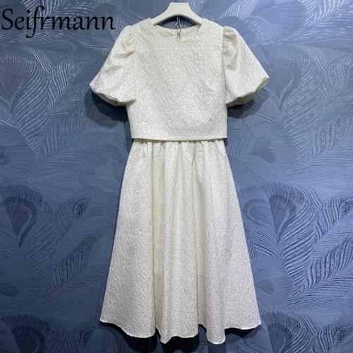 Seifrmann New 2021 Summer Women Fashion Runway Skirts Set Lantern Sleeve Solid Print Tops + High Waist A-Line Long Skirts Suits