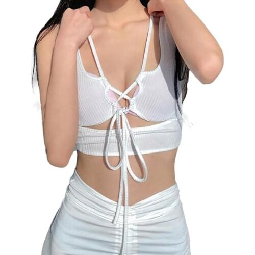 Women’s Fashion Solid Color Vest Sexy V-neck Hollow Bandage Exposed Navel Sleeveless Tops