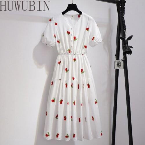 Summer Womens Elegant V-neck White Fruit Print Korean Bubble Sleeve High Waist Short Sleeve Medium Length Casual MIDI Dres