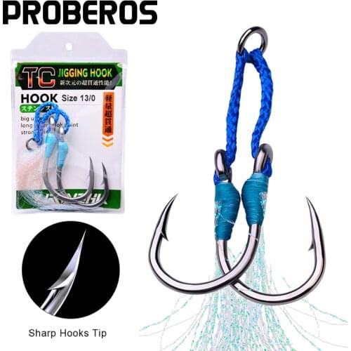 PROBEROS 1Pack Jig Fishing Hooks 1/0-3/0-5/0-7/0-9/0-11/0-13/0# Heavy Duty Assist Hooks Double Twin Hooks Slow Feather Fishhooks