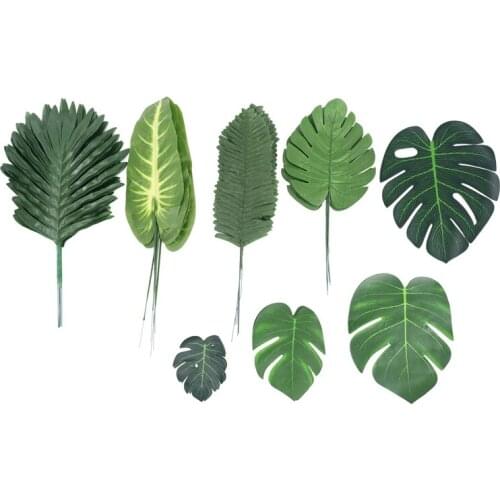 68 Pieces 8 Kinds Tropical Party Decorations Jungle Monstera Leaves , Artificial Palm Leaves with Faux Stem