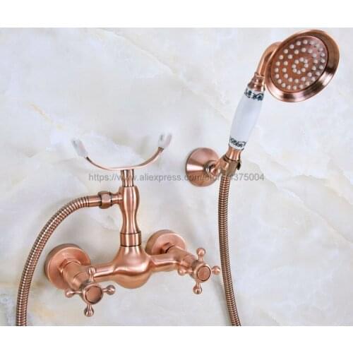 Antique Red Copper Wall Mounted Shower Set Hand Shower Bathroom Double Cross Handle shower faucet Nna346