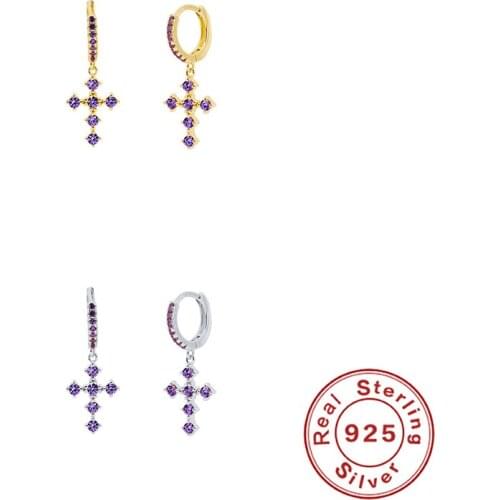 Canner Luxuruy Zircon Cross Hanging Hoop Earring For Women 100% Real Sterling 925 Silver Huggie Earring Pendientes Plata 925