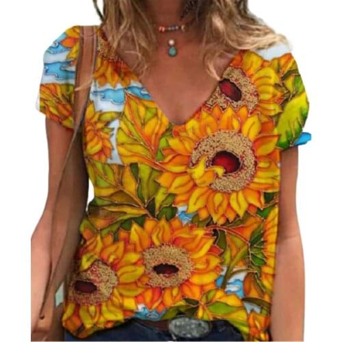 3XL Casual Summer T Shirt 2021 New Women Sunflower Print Shirt Fashion Ladies Short Sleeve V-Neck Cotton Tops Plus Size Clothes