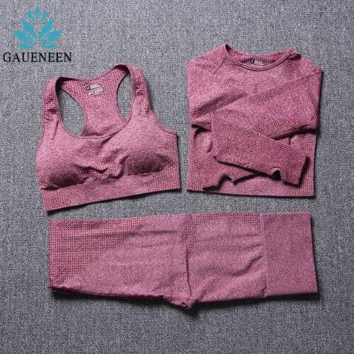 GAUENEEN 3PCS Seamless Yoga Set Training Fitness Suit Gym Clothing Women Tracksuit Sports Bra Crop Top Leggings Workout Clothes