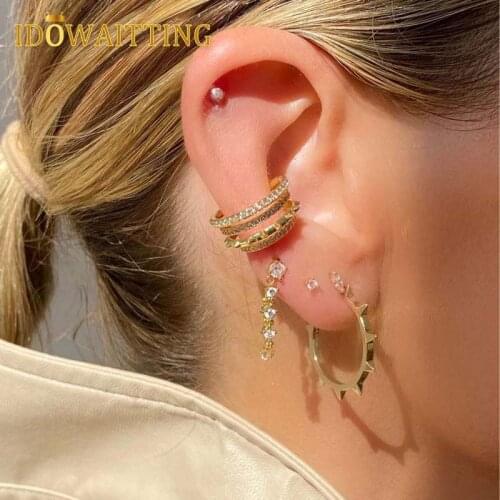 2021 New Arrived Clear Cz Spike Design Earring Clip Gold Color Multi Wrap Line Cubic Zirconia Paved No Piercing Ear Cuff 1 Piece