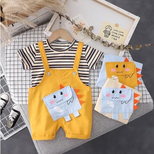 LZH Infant Toddler Clothing 2021 Summer New Baby Boy Striped Short-sleeve T-shirt Overalls Shorts 2 Piece For Boys Cartoon Suits