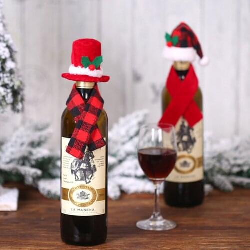 Red Wine Bottle Scarf Hat Suit Ornament Cloth Xmas Gifts Cover Merry Christmas Decoration Home Party Supplies