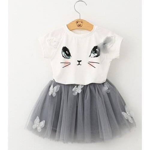 Summer Girls' Clothing Sets Korean Cartoon Short-sleeved T-shirt+Net Yarn Skirt 2PCS Baby Kids Clothes Set Children Clothing