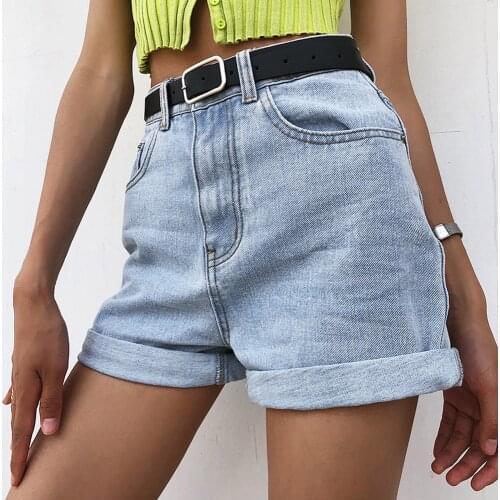 Summer Women Casual Sashes Denim Shorts Women High Waist Loose Fashion Hemming Cuffed Shorts Slim All-Match Sports Shorts Female