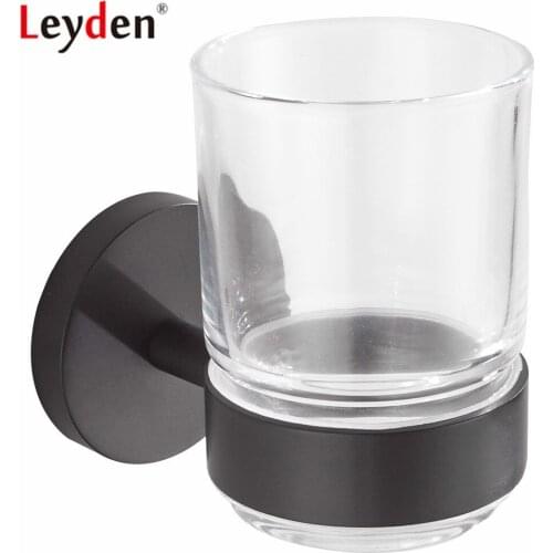 Leyden Black 304 Stainless Steel Single Toothbrush Holder With Glass Cup Wall Mounted Tooth Cup Holder Bathroom Accessories