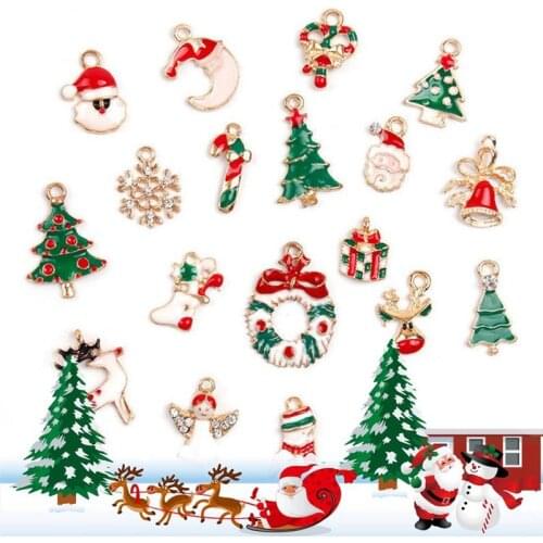LKERAN 18 Pc Mini Dripping oil Christmas Tree Pendant DIY Alloy Accessories Christmas Ornaments Deer Snowman Chrismas Decoration
