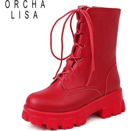 ORCHALISA Women Fashion Mid-Calf Boots Shoes Round Toe Thick Bottom Platform Buckle Winter Warm Lace Up Ladies Red 43 S2455