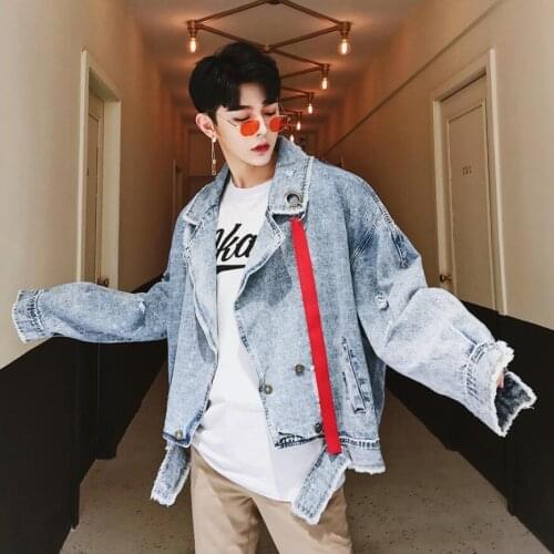 Original Bar Singer Nightclub Jackets Mens Stage Personality Trend Autumn And Winter Lapel Asymmetry Denim Jacket Coats