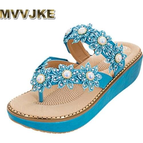 MVVJKEWomen Bohemia Slippers Flat Pearl Chain Flip-Flop Beach Summer Casual Shoes Wedge Shoes Ladies Shoes Woman Slippers