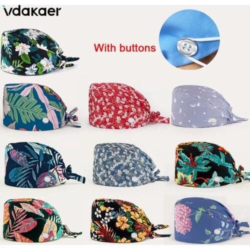 New unisex frosted cap adjustable laboratory work cap cotton cartoon cute baotou cap pet print work cap scrub cap with button