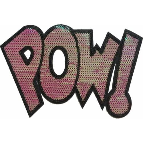 New Pink Letter POW! Sequined Patches for Clothes Iron on Sequins Parch Handmade Garment Accessories Big Motif Appliques