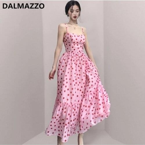 DALMAZZO Vintage Print Dot Sweet Women Slash Neck Spaghetti Strap Long Dresses 2021 Summer Designer Holiday Vestidos Female XL
