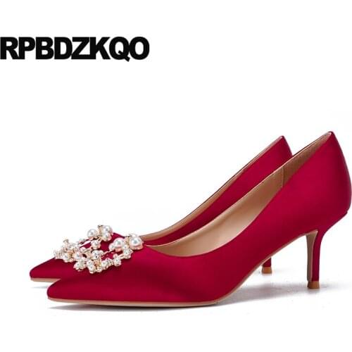 Bridesmaid Ladies Pearl Low Heels Stiletto Pumps Ivory Red Rhinestone Metal Pointed Toe Thick High White Satin Wedding Shoes New