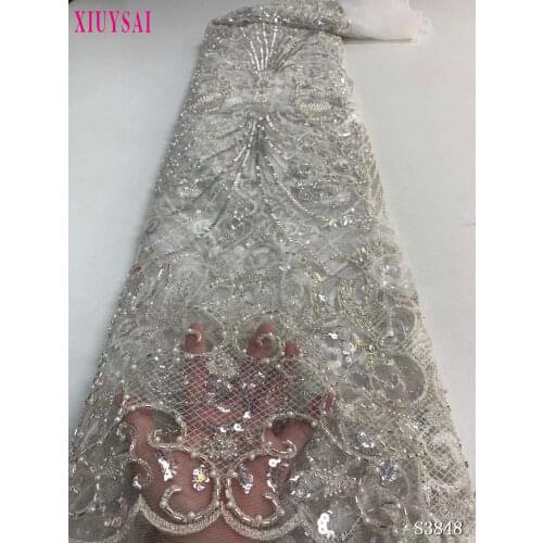 Luxury Handmade Beads Lace Fabric French Wedding Dress Latest Nigeria Sequins Embroidery White Good Price With Beads Lace SL1210