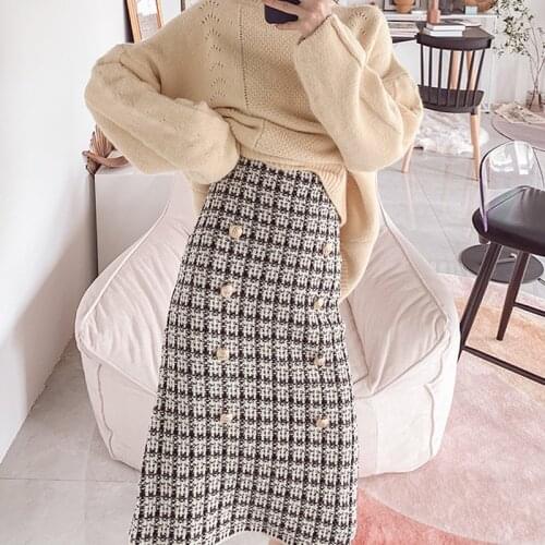 Vintage plaid tweed midi skirt double-breasted faldas mujer female casual chic A line skirts Plus Size 0901-64