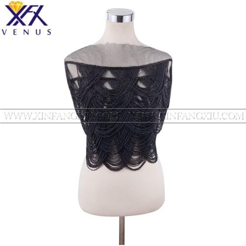 XFX VENUS 1 Piece Black bead bodice applique decorative rhinestones Fringe beads beading patches mesh for costume decorative
