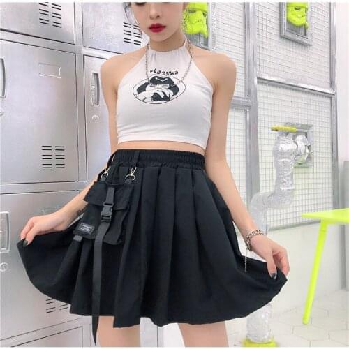 New Summer streetwear Harajuku high waist A-Line cargo skirt girl big pocket solid color mini pleated skirts