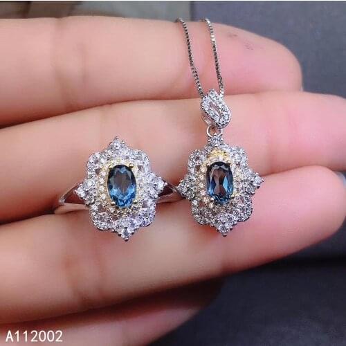 KJJEAXCMY fine jewelry natural blue topaz 925 sterling silver women pendant necklace ring set support test elegant hot selling