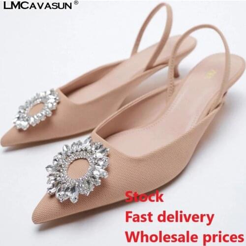 LMCAVASUN 2021 Spring sandals crystal floral women dress shoes low thin heel women slingbacks
