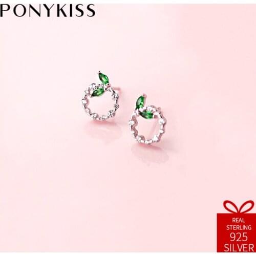 PONYKISS Romantic S925 Sterling Silver Round Leaf Stud Earrings Women Prevent Allergy Jewelry Anniversary Zircon Party Gift