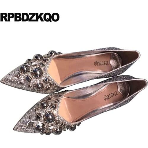 Ladies prom size 4 34 pumps thin silver rivet gray golden gold glitter heels high italian stud 2018 8cm bling shoes pointed toe