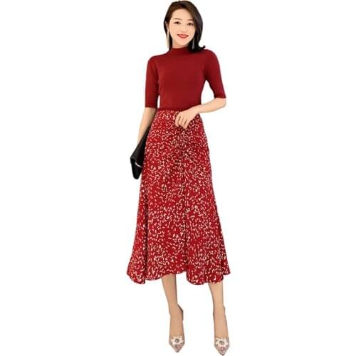 Ladies two piece outfits clothes set burgundy knit top womens sweater + floral print red skirt ruched casual midi skirts