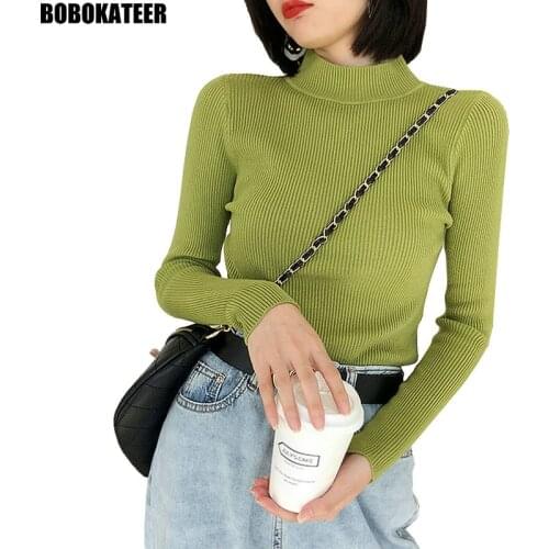 Pullover Women Sweater Yellow Tight Half Turtleneck Women Tops Knitwear Autumn Clothes White Sweaters Vintage Jumper Winter 2020