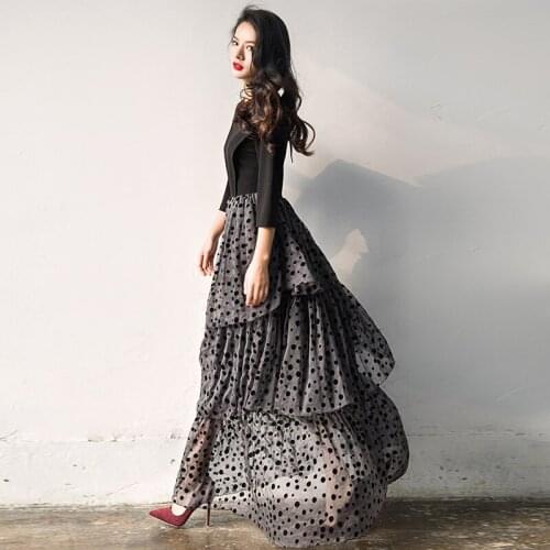 Elegant 2017 New Spring Summer Women Grey Dot Cascading Ruffle Long Dress High Waist Casual Plus Size Patchwork Dresses Vestidos