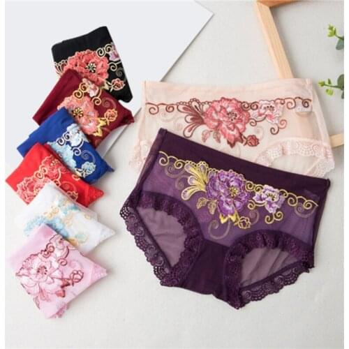 Underwear Women Panties Sexy Lace Cotton Briefs Transparent Mid-Waist Underpants Flower Pattern Female Lingerie Plus Size