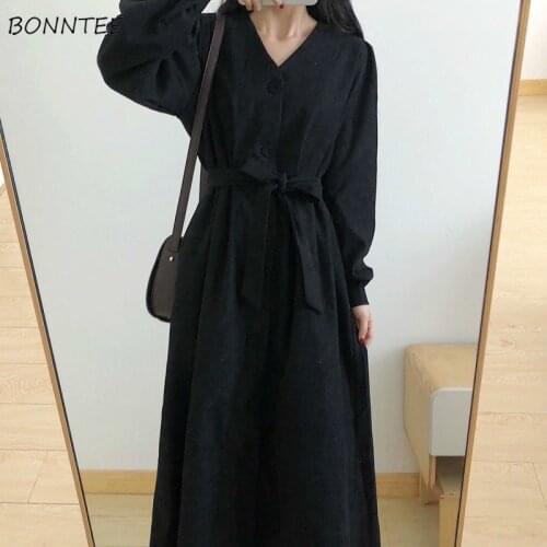 Dresses Women Bow Lantern Sleeve V-neck Single Breasted High Waist Solid Vintage Retro Leisure Korean Style Elegant Girls Ladies