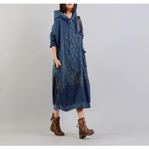 Women Feather Printed Hooded Dress Spring Retro Casual Print Loose Dress Female Ladies Dress 2020