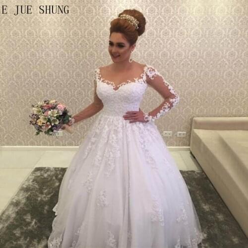 E JUE SHUNG Sheer Back Wedding Dresses Off Shoulder Long Sleeves Lace Applique With Button Ball Gown Bridal Gowns robe de mariee