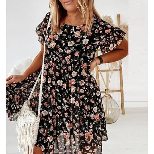 Summer Women Floral Print Dress Vintage Short Sleeve Ruffles Vestido Mini A-Line Loose Dresses O-Neck Ropa Mujer Retro Dresses