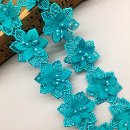 1 yard 4.5cm Green Pearl Beaded 3D Flower Embroidered Lace Trim Ribbon Applique Patches Wedding Dress Fabric Sewing Craft