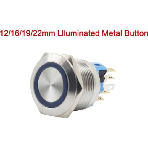 12/16/19/22mm Waterproof Metal Push Button Switch Momentary Latching Car Switch With Led Indicator Backlit Button LED 12/24/220V