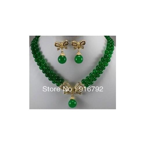 Free shipping P&P >>>>>2 row 8mm green stone stone necklace+ flower pendant earrings