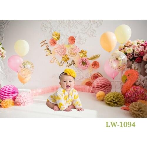 HUAYI Birthday Backdrop Baby Photo At Home Background Shower Paper Flowers With Balloons 1st Birthday Cake Smash Photo Session