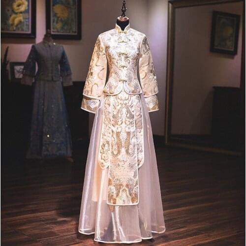 Classic Champagne Chiffon Skirt Cheongsam Marriage Suit Embroidery Fish Chinese Wedding Dress Traditional Qipao Ancient Vestidos