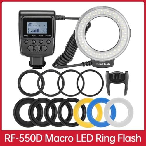 RF-550D 48pcs Macro LED Ring Flash Bundle with 8 Adapter Ring for Canon Nikon Pentax Olympus Panasonic DSLR Camera Flash V HD130