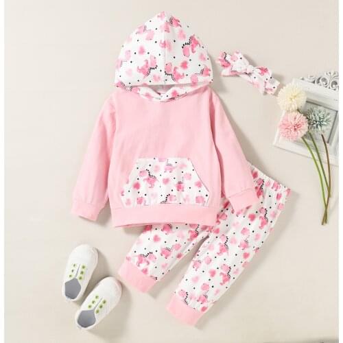3Pcs Baby Girls Clothes Set Newborn Infant Outfits Floral Printed Hooded Tops Pants Headband Fashion New Born Clothing