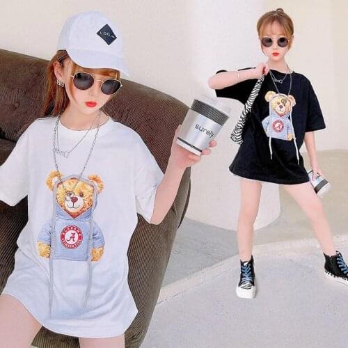 Sweet Girls Tees dress Cartoon Bear Cotton Short-sleeve Long Tops 2021 Summer Children Clothing 4 6 8 9 10 12 13 T-shirt dress