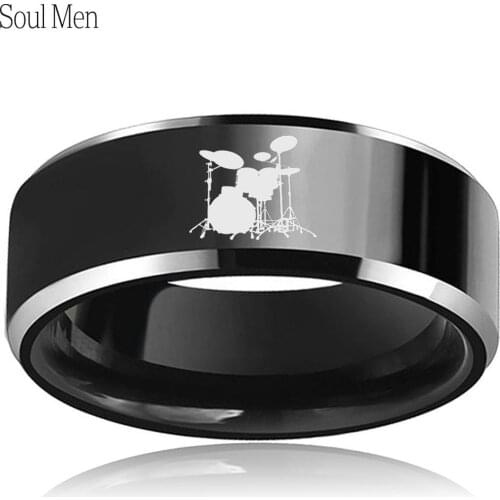8mm High Polish Black Tungsten Carbide Music Band Men Women Fashion Jewelry with Drum Set Engraved Size 6 to 13