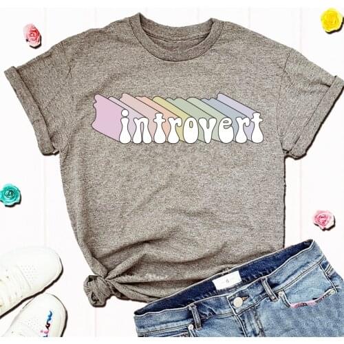 New Arrival Introvert Rainbow Letters Pritned Graphic Tees Short Sleeve Summer Cotton Tops Ins Fashion Unisex Aesthetic Tshirts
